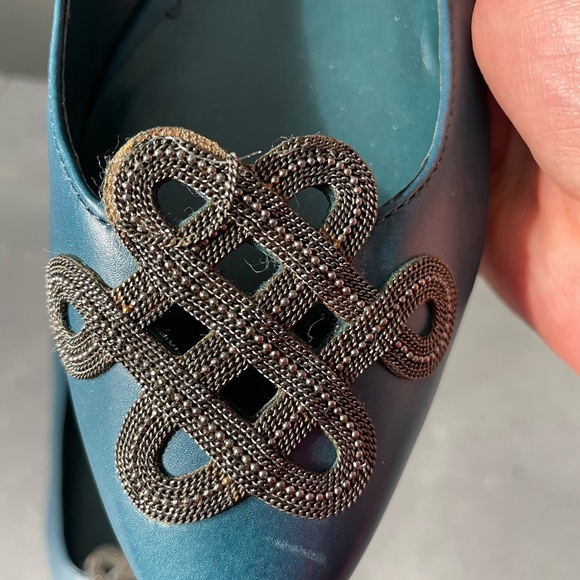 Diane Von Furstenberg Teal ballet Flats w micro chain gunmetal Embellishment 7 - Picture 9 of 16